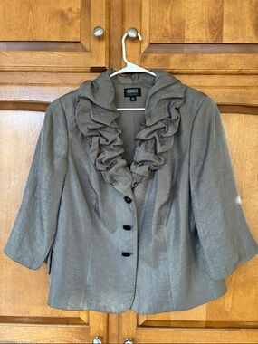 Adrianna Papell Metallic Taupe Ruffle Collar Cropped Jacket